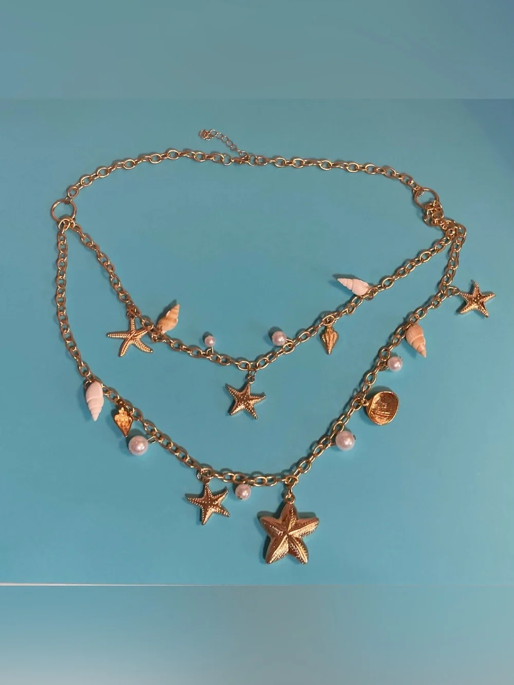 Gold Toned Seashell & Starfish Layered Necklace with Pearls